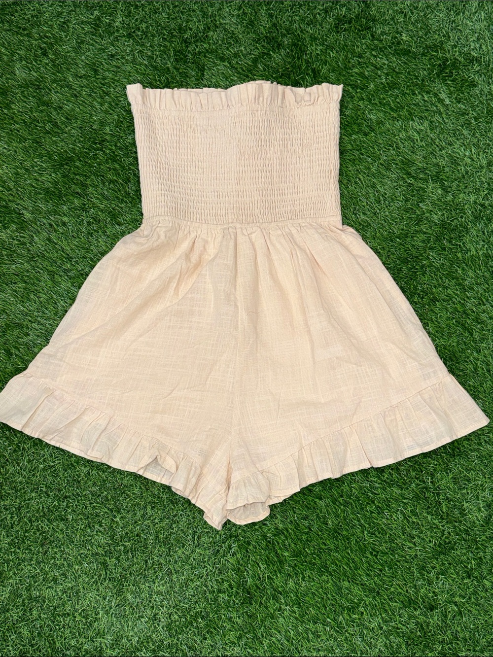 Women’s Princess Polly Strapless Smocked Romper Shorts Beige